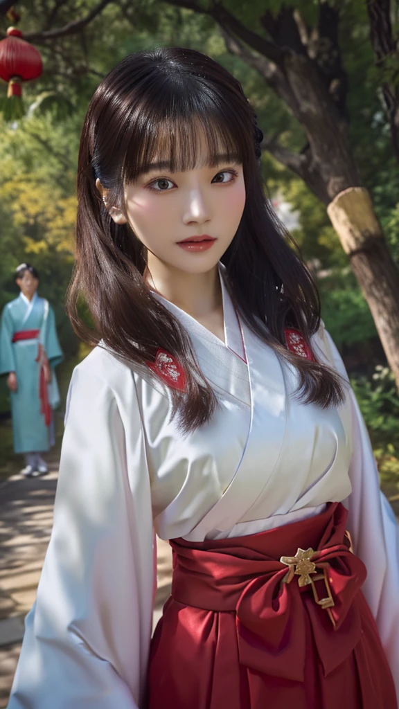 An Asian woman in her fifties wearing a white and red dress standing in a park, white Hanfu, palace , a girl in Hanfu, Hanfu, Flowing hair and long robes, Wearing ancient Chinese costumes, Wearing ancient Chinese costumes, Shirahime cut hairstyle, Live-action movie stills, wearing a simple robe, 長くFlowing white robes, Flowing white robes