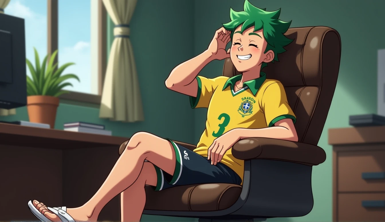 Um homem brasileiro, with green hair, Corinthians shirt, with black shorts and white flip-flops sitting in a secretary chair smiling with his eyes closed and one hand on his head