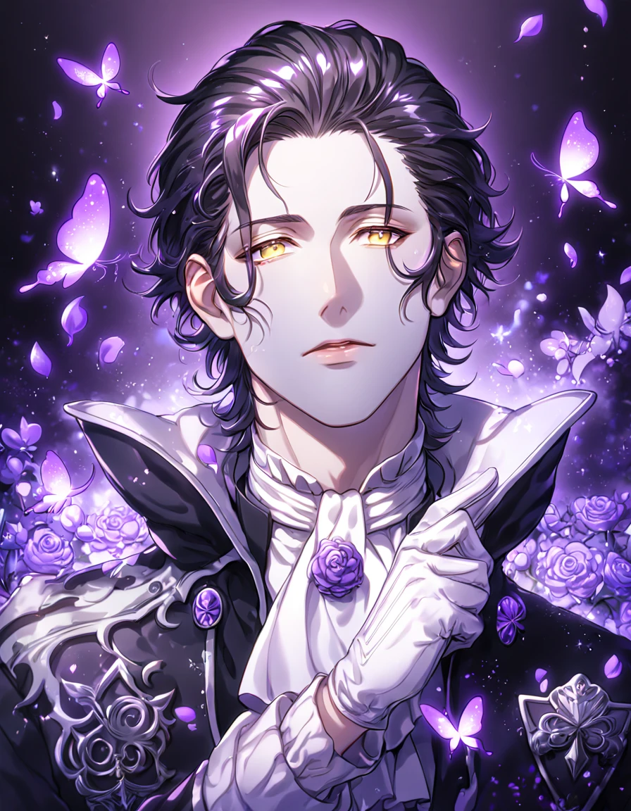 Ultra detailed, HDR, Highres, absurdres, master piece, Tyki Mikk, black hair, hair slicked back, ruffled wavy hair, short hair, expressive yellow eyes, gray skin, black coat, white shirt, white cravat, white gloves, D.Gray-man, sexy man, handsome, purple flowers, petals, fantasy, magical, purple leaves, handsome, best quality, glittering, sensual, horny, water, purple shining fireflies, solo, small purple butterflies, purple flames, noah