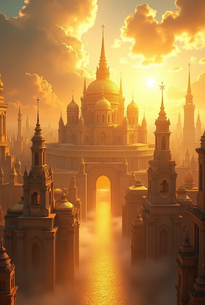 [Main concept] A sumptuous and luxurious representation of the great golden city described in the Book of Revelation, Chapter 21, Verse 18. [character description] The city is portrayed as a large and majestic metropolis, com torres imponentes, domes and ornate architecture shining in the radiant light. [enviroment/Background] The cityscape is set against a backdrop of a vibrant, heavenly sky, with fluffy clouds and warm, golden hues that bathe the scene in an ethereal glow. [Style and Atmosphere] The overall style is one of opulence and grandeur., with a sense of divine splendor and heavenly magnificence permeating the image. [Composition] The composition presents a comprehensive panoramic view of the city, capturing its vast scale and intricate, detailed architecture, drawing the viewer&#39;s gaze to the center of the scene. [Details and embellishments] The city is adorned with intricate details, like ornate pinnacles, shining domes and ornamental flourishes, all rendered in a luxurious high-resolution 4K format to showcase the magnificence of the scene. [Technical specifications] The image is designed to be displayed as a high quality, large format piece of wall art., capturing the grandeur and splendor of the great golden city in stunning 4K resolution.