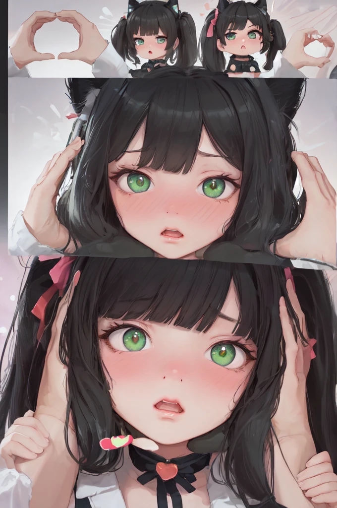 (masterpiece, highres, best quality:1.2), IncrsSnootChallenge, comic, 3koma, ADDBASE :o , karyl, low twintails, cat ears, hair bow, bangs, green eyes BREAK smiling, excited, karyl, low twintails, cat ears, hair bow, bangs, green eyes, BREAK (pov hands:1.4),(puffy cheeks, pout, pouting:1.3), (blush:1.2), mad, karyl, low twintails, cat ears, hair bow, bangs, green eyes, bare shoulders, brooch, hands on another's face