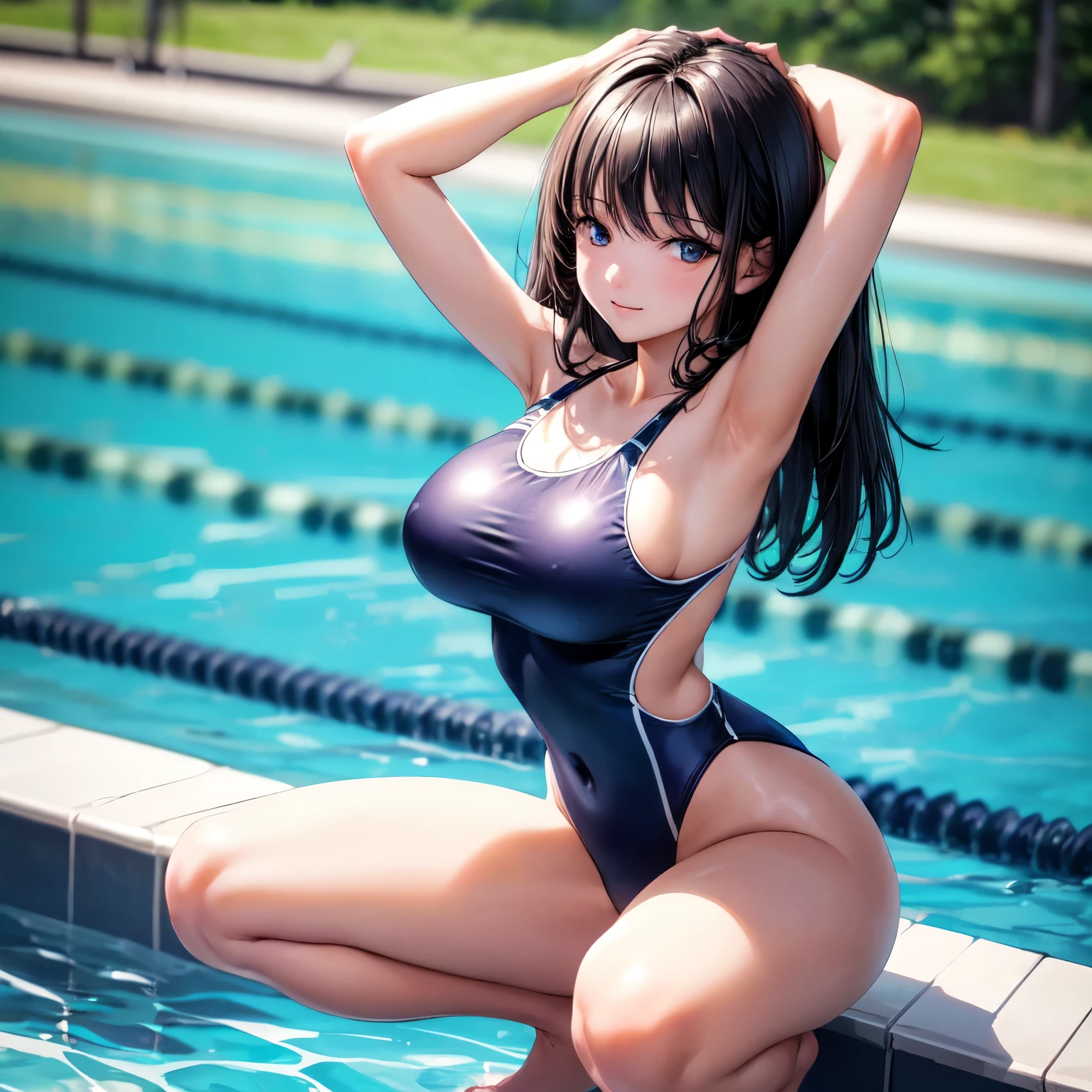 (((masterpiece,best quality,ultra detailed,high resolution))),(daytime,clear weather,bloom),cowboy shot,((solo)),(beautiful girl,teenage),(black hair,medium hair,straight hair),(beautiful detailed face,beautiful detailed eyes),(finely detailed skin,fair skin),light smile,(one-piece competition swimsuit,navy swimsuit),(on the pool ,beautiful sky),(medium breast,perky breast,big hip),squatting,arms up behind,