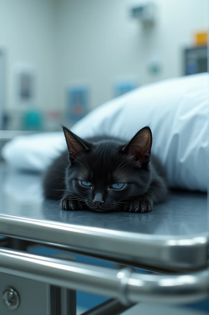 Baby black cat on hospital gurney
