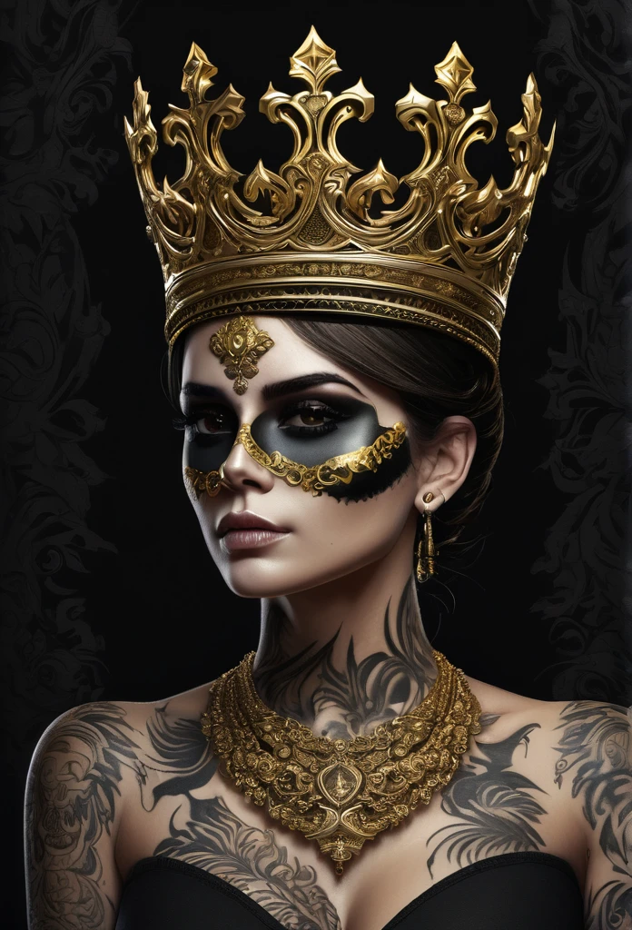 logotype,caveira ao centro very detailed, wearing a golden crown, realistic tattoo, very detailed, 4K, murky, black backdrop, high resolution