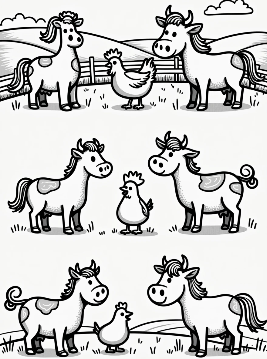 Simple line drawings of farm animals like cows, chickens, pigs, and horses. Include farm elements like wooden fences, barns, and fields. The style should be easy for children to color."