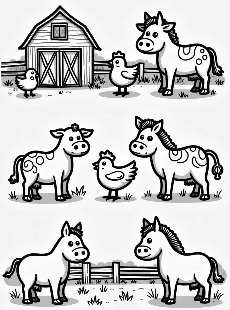 Simple line drawings of farm animals like cows, chickens, pigs, and horses. Include farm elements like wooden fences, barns, and fields. The style should be easy for children to color."