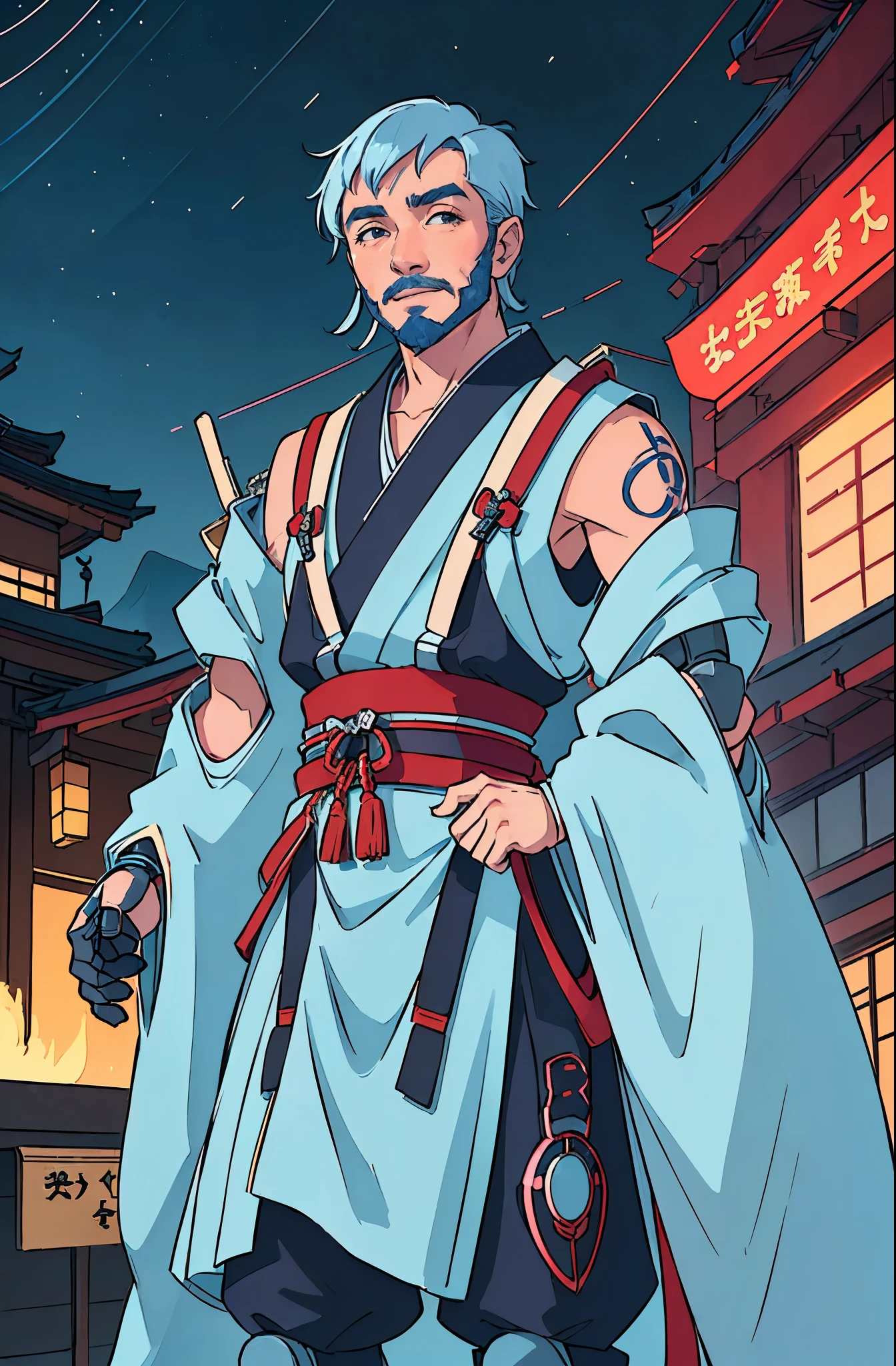 Japanese man, jovial expression, happy, content face, Japanese samurai haircut, wise old man, long thin beard, wrinkled face, glowing cybernetic implants, robotic arms, sleeveless blue kimono, dragon tattoos, cyberpunk aesthetic, high fantasy environment, on mountain overlooking distant city, feudal Japan, high quality, perfect anatomy,