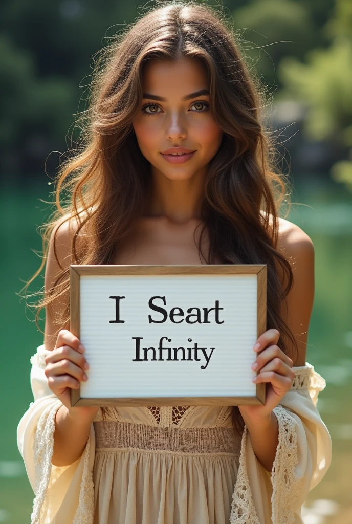 Beautiful girl with wavy long hair, bohemian dress, holding a white board with text "I Love Seaart Infinity" and showing it to the viewer