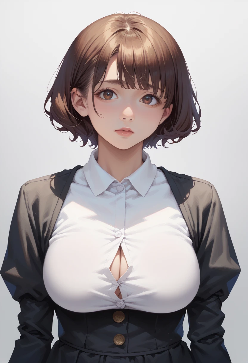 24yo, curvy, white shirt, anime girl with short hair and brown eyes in a black dress, semirealistic anime style, anime style portrait, face anime portrait, painted in anime painter studio, in an anime style, portrait of an anime girl, sayori, made with anime painter studio, portrait of anime woman, detailed anime soft face, perfect anime face, in anime style, anime realism style,
perky breasts,pointy breasts, torpedo breasts, huge breasts,Button Gap, shy
