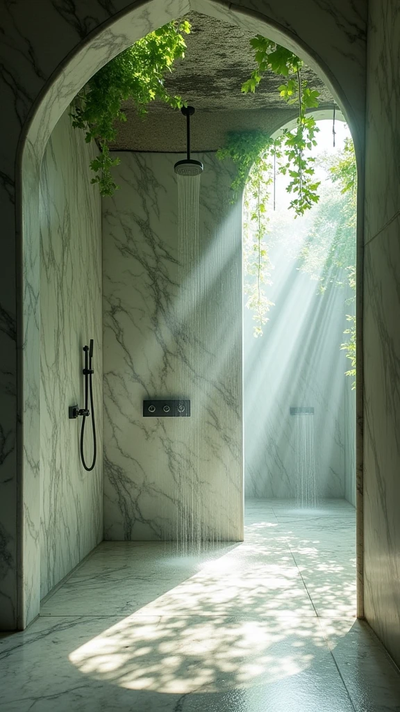 Fabulous shower room with marble walls and ceiling. Water is running from the shower. Green ivy hangs from the ceiling and modern metal fixtures can be seen behind glass doors." Light pours in, fog rolls in, and a mystical atmosphere is expressed by the fusion of the natural and the manmade.