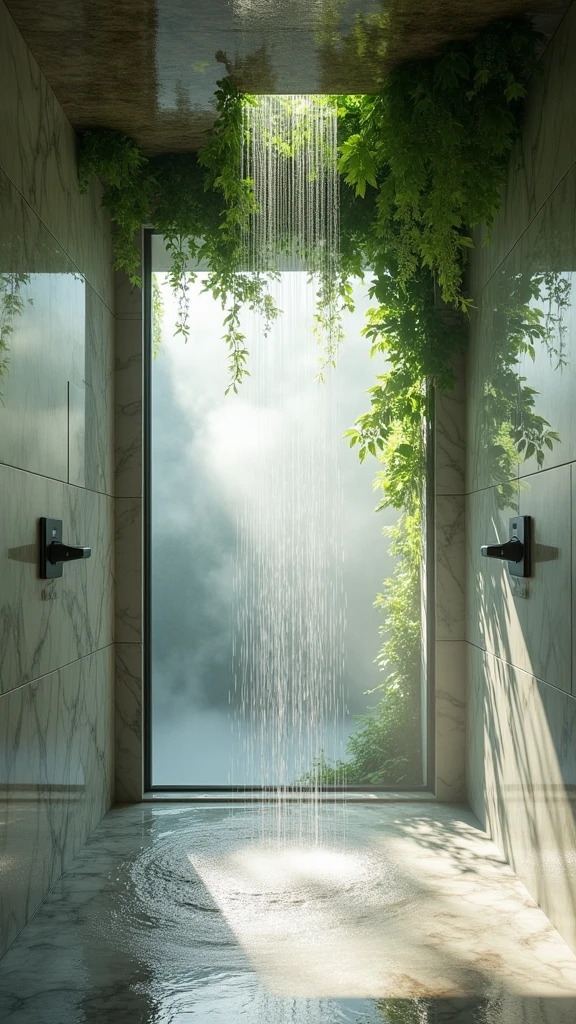 Fabulous shower room with marble walls and ceiling. Water is running from the shower. Green ivy hangs from the ceiling and modern metal fixtures can be seen behind glass doors." Light pours in, fog rolls in, and a mystical atmosphere is expressed by the fusion of the natural and the manmade.