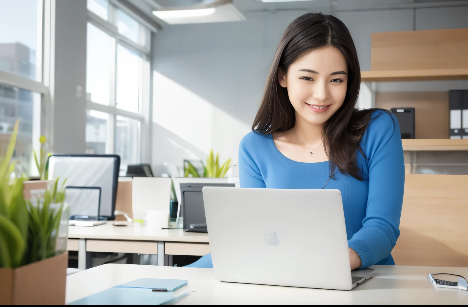 Blue clothes,Laptops,office,smile,majicMIX realistic