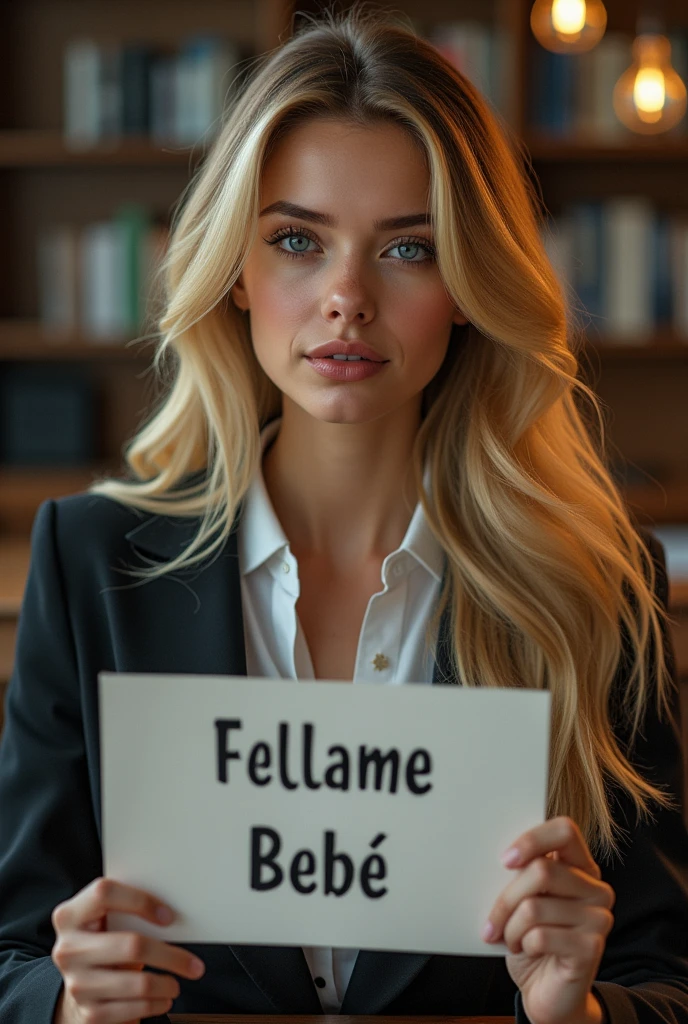 a beautiful girl with long blonde hair, detailed eyes, nose, and lips, wearing professional outfit, ((large breasts:1.4), (huge breasts:1.4)), siting in her office, holding up a sign "Lesther, Follame Bebé", (best quality,4k,8k,highres,masterpiece:1.2),ultra-detailed,(realistic,photorealistic,photo-realistic:1.37),HDR,studio lighting,extremely detailed face and body, portrait,cinematic lighting,dramatic lighting,warm color tones,dramatic colors