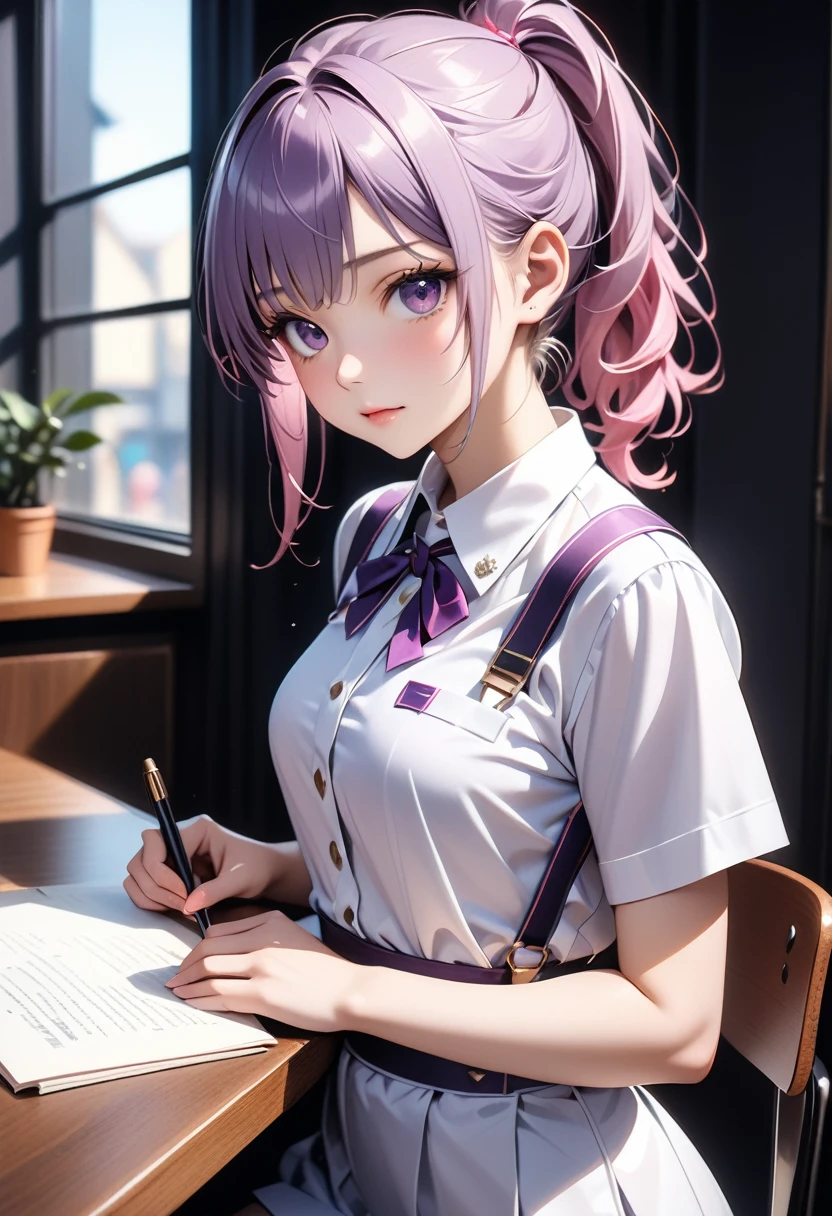 ((formal girl uniform)), upper body, seductive look, blush, indoors, in office, looking at viewer, cloudy, moody lighting, (perfect detail eyes:1.2), glowing eyes, (long hair one braid:1.2), (Masterpiece, Best Quality, High Quality:1.4), professional artwork, Intricate Details, field of view, sharp focus, detailed painting, photorealistic lighting, trending on pixiv, (vivid lighting, vibrant colors:1.05), realistic shadows, ambient occlusion, (athletic body:1.3), mature woman, 30yo, shenhe, hyperdetail eyes, beautiful eyes, (((solo:1.4))), semi-realistic hair, hyperdetailed clothes, (((beautiful makeup:1.3, beautiful pink lipstick:1.3, beautiful pink eyeshadow:1.3, purple eyes:1.0, purple hair:1.0))), (solo:1.4)