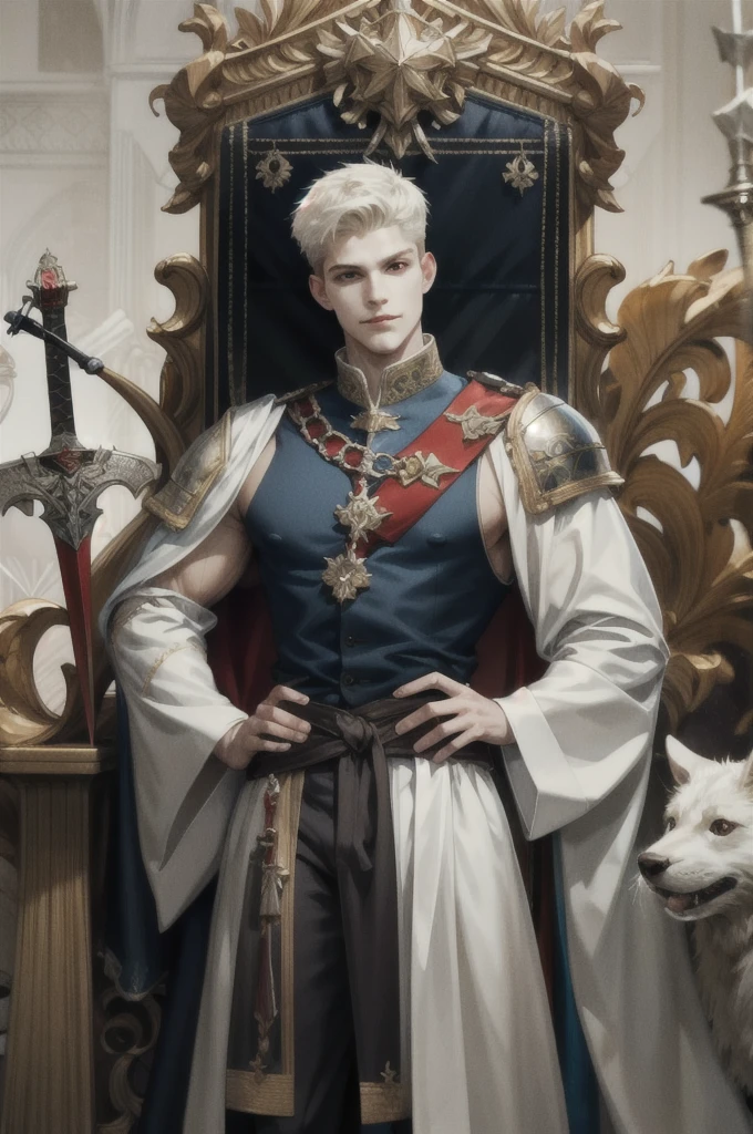 (absurdres, highres, ultra detailed), 1 male, adult, handsome, tall muscular guy, white short hair, red eyes, broad shoulders, intricate details, colorful, portrait, looking at viewer, solo, detailed background, close up, (high fantasy medieval theme:1.1), smirk, standing in throne room, white prince clothes, regal, sword on hip, medieval (tent interior:1.1) background, cinematic lighting