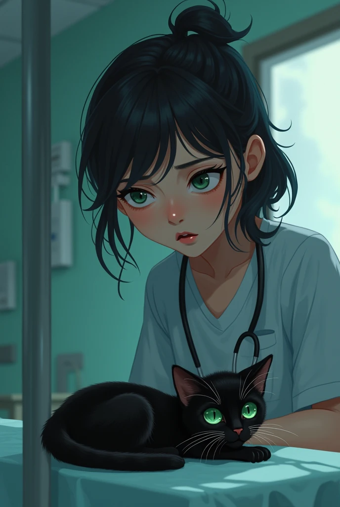Baby black cat with green eyes on hospital gurney and 20 year old woman next to him

