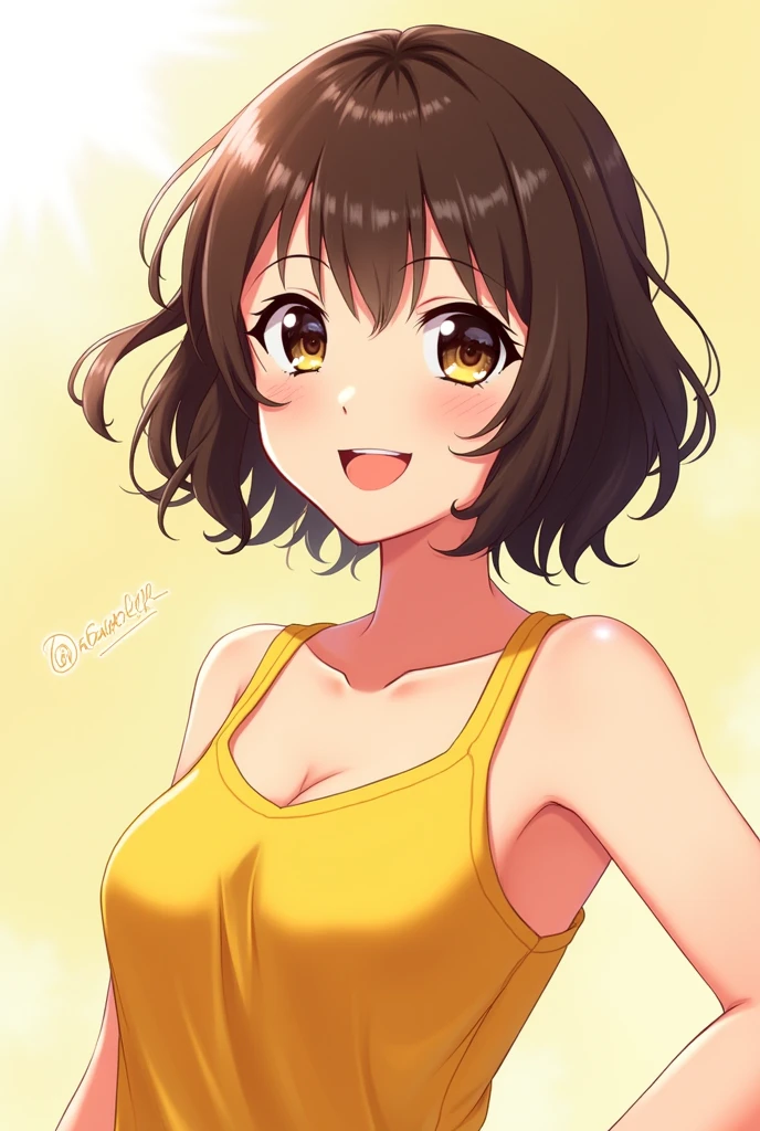 Boku no hero style from the waist up, blonde-skinned woman with dark brown hair, brown eyes and smiling, with yellow dress