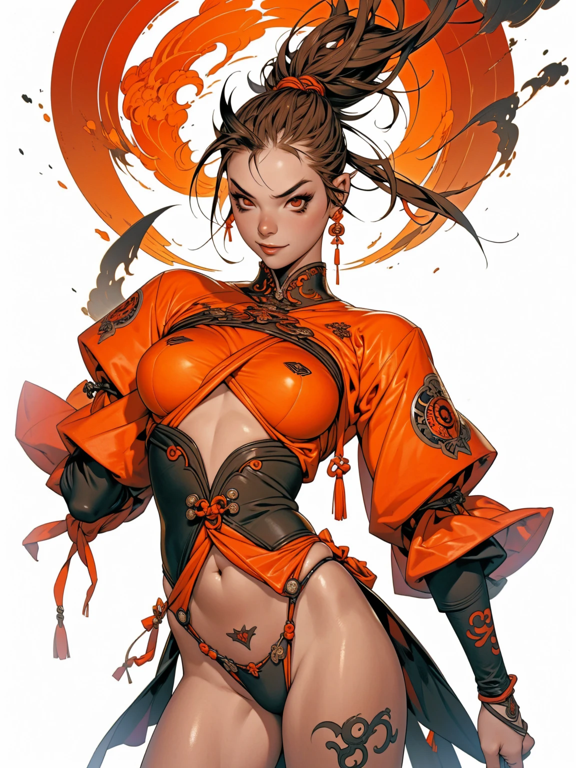 (((dressed))), (((detailed clothing))), (((fight clothes))), Japanese demoniac girl with a tiny thong and torn top with drawn flame graphics, crazy face, sarcastic smile, punk hair, mohawk hair, colored hair, slim and well-defined body, Waist slender, dirty laundry, world after apocalypse, wasteland, sexly, pose de atitude, Create a cool character for a gacha game based on the game Zenless Zone Zero, female character in devil clothes in warm colors, S-level fire elemental character, devil horns and tail, beautiful and cute face, nymph body, lolly, haughty, devilish smile, wielding a serrated sword, pose de atitude, aggressive movements