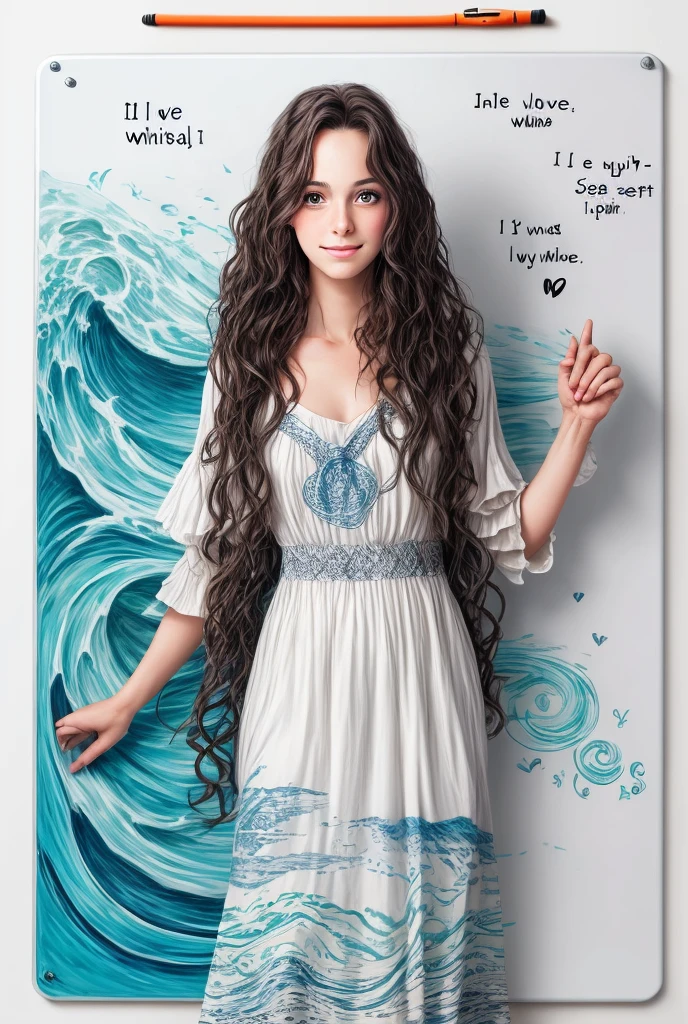 Beautiful girl with wavy long hair, bohemian dress, holding a white board with text "I Love Seaart Infinity" and showing it to the viewer