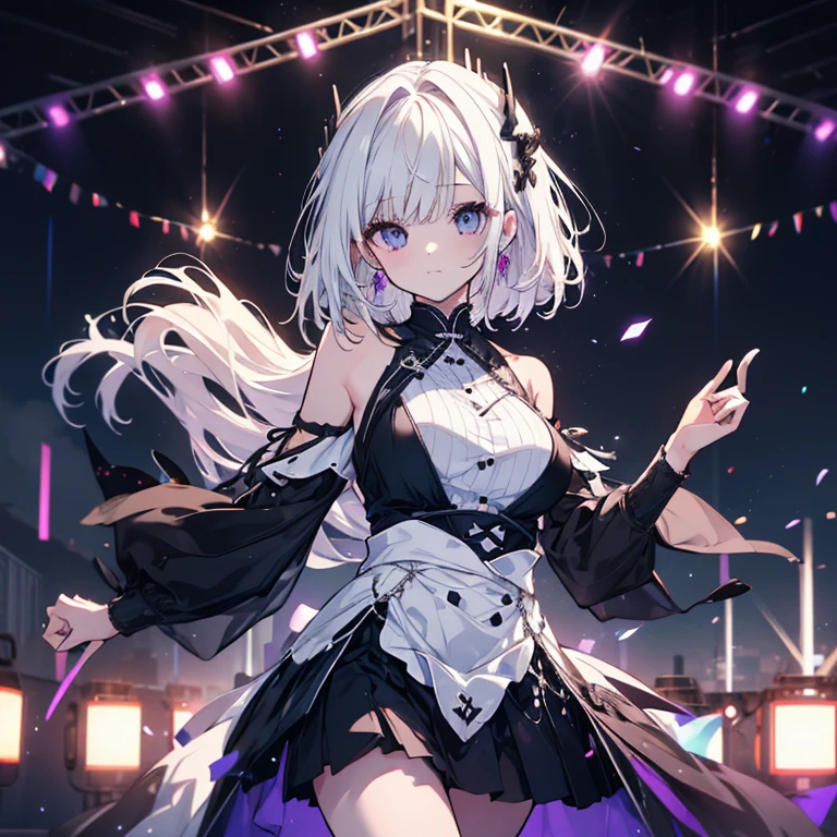3 girls、Mature、Ample breasts、White Hair、Black Dress、Shoulder Bare、Miniskirt、Idol Costumes、live、dance、Spotlight、looking at the camera、cool、High resolution、Highest quality