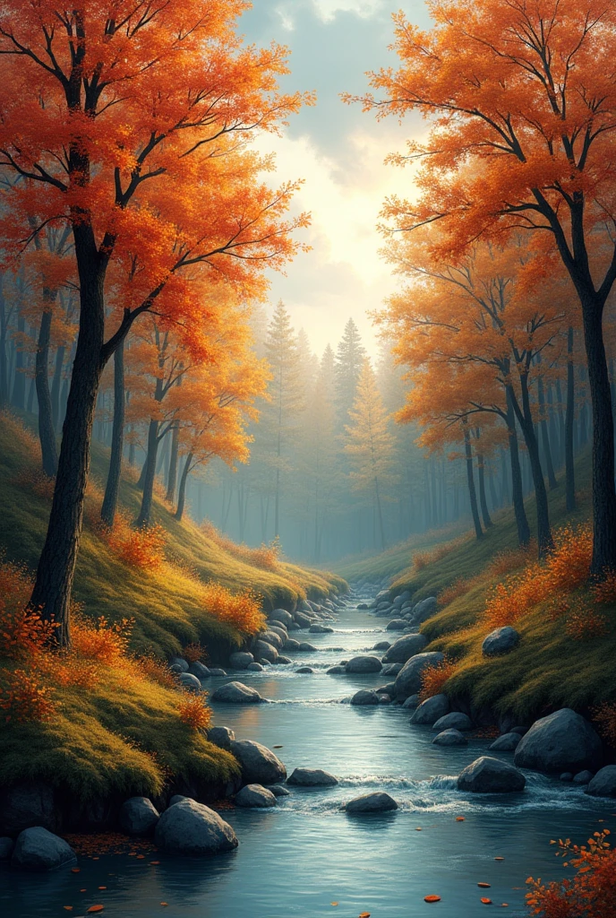 [Core Concept]
A beautiful and peaceful autumn landscape in a dense forest, with a serene and contemplative atmosphere.

[Character Description]
There are no characters present in this scene., the focus is entirely on nature.

[Environment/Background]
The scene unfolds in a forest of leafy trees, with leaves in shades of orange, red and yellow that contrast with the remaining green. A crystal clear stream meanders gently through the landscape, reflecting the light from the cloudy sky.

[Style and Atmosphere]
The image has a warm and vibrant color palette., conveying the essence of autumn. Soft, diffuse lighting creates a calm, introspective atmosphere, inviting the observer to appreciate the natural beauty.

[Composition]
The composition is balanced and harmonious, with the trees and the stream filling the 68x50 cm frame. Depth of field creates a sense of dimension and invites the viewer to explore the scene.

[Details and Embellishments]
Details like fallen leaves, stones in the stream bed and the texture of the tree bark add realism and visual richness to the image.

[Technical Specifications]
The image will be produced in a 68x50 cm format, using digital painting techniques that capture the essence of the autumn landscape in a vivid and realistic way.