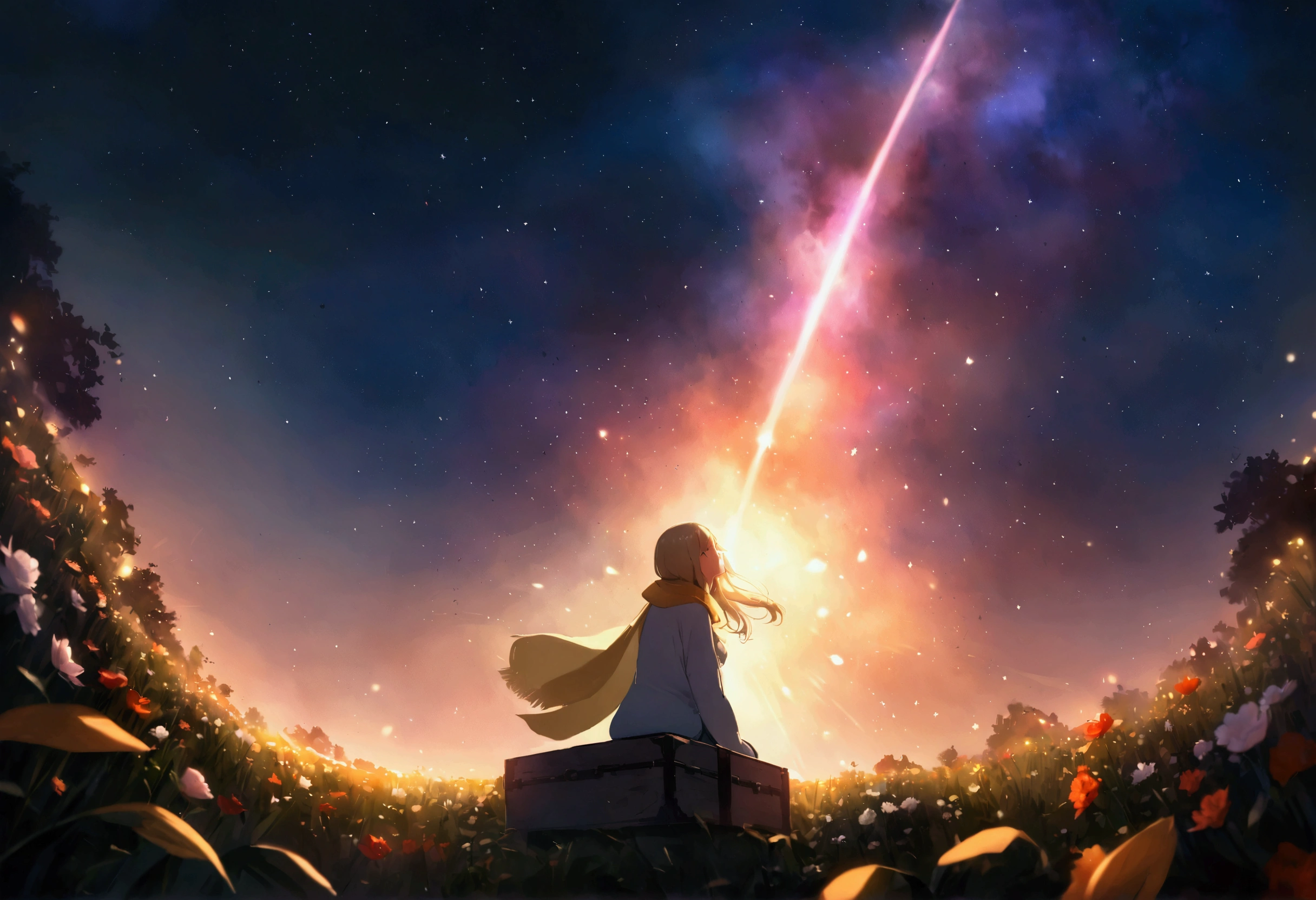 The Door of Destiny,The Door of Destinyが目の前に立ちはだかる,The Door of Destinyが真正面に立つ,Temporal and spatial dimensions,god々finally, The ant branch disappeared.,She is truly eternal,End all domination,There is no perfect concept, High-level virtual dream,The laws of the universe are wonderful,Beyond,Beyond次元,The Rise of Yin and Yang, At the bottom of the eternal abyss,He is the true king,全てをBeyondする崇高なgod性,10 True Masters,000 ways,close, Vast landscape photography , (View from below, Sky above、The fields below), Wearing a long sweatshirt and a yellow scarf、Sitting on the trunk of a yellow peony flower field, looking up、Realistic 9 year old blonde girl, ( comet:0.9), (nebula:1.2), Remote Marsh, Tree of Life, BREAK Production Art, (Warm light source:1.2), lamp, Lots of purple and orange, Intricate details, Volumetric lighting, Realism Break (masterpiece:1.2), (Highest quality), 4K, Very detailedな, (moving composition:1.3), Very detailed, (Shining Light, Atmospheric lighting), dream-like, magic, (alone:1.2), magic beautiful waterfall