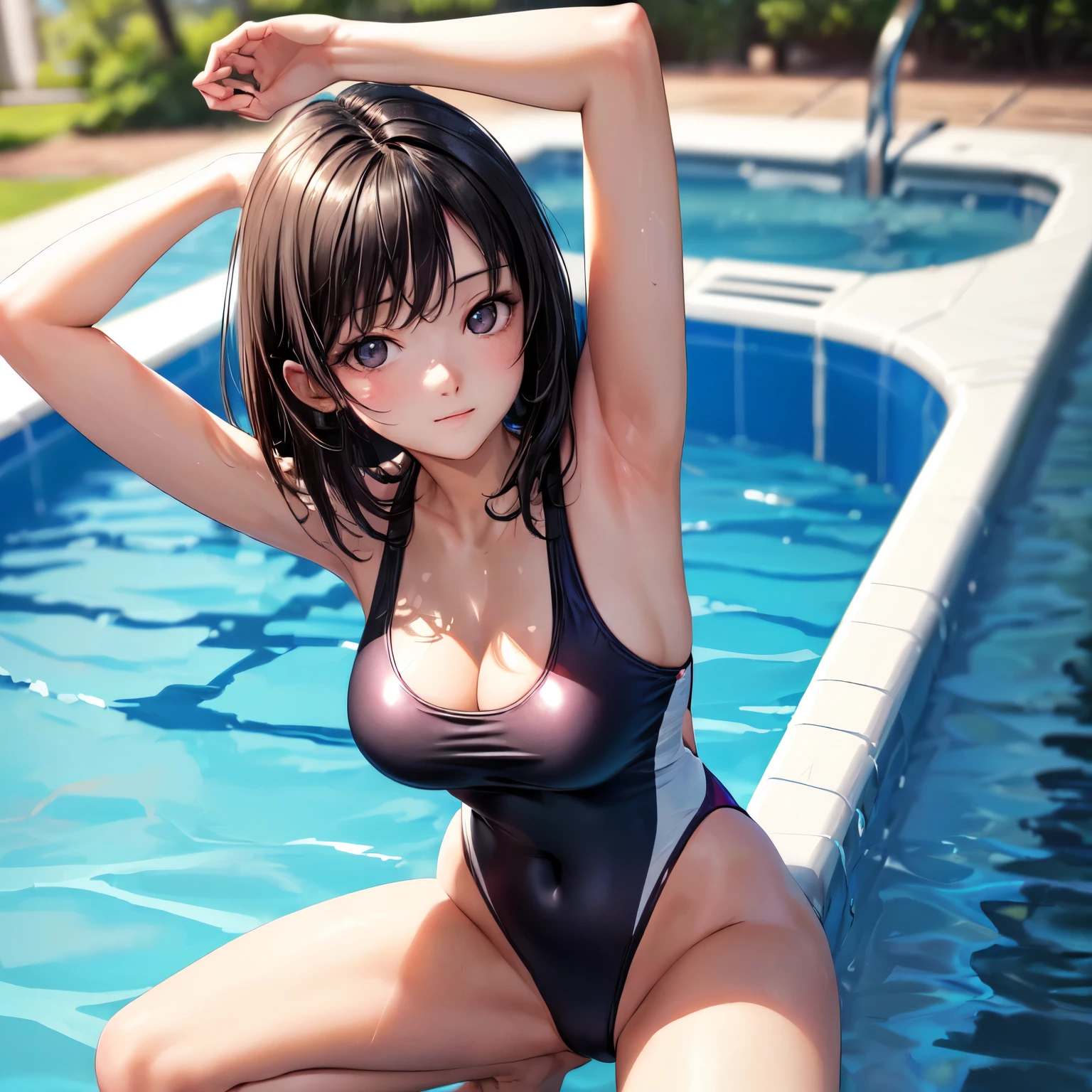 (((masterpiece,best quality,ultra detailed,high resolution))),(daytime,clear weather,bloom),cowboy shot,((solo)),(beautiful girl,age),(black hair,medium hair,straight hair),(beautiful detailed face,beautiful detailed eyes),(finely detailed skin,fair skin),light smile,(one-piece competition swimsuit,red swimsuit),(on the pool ,beautiful sky),(medium breast,perky breast,medium hip),squatting,arms up behind,