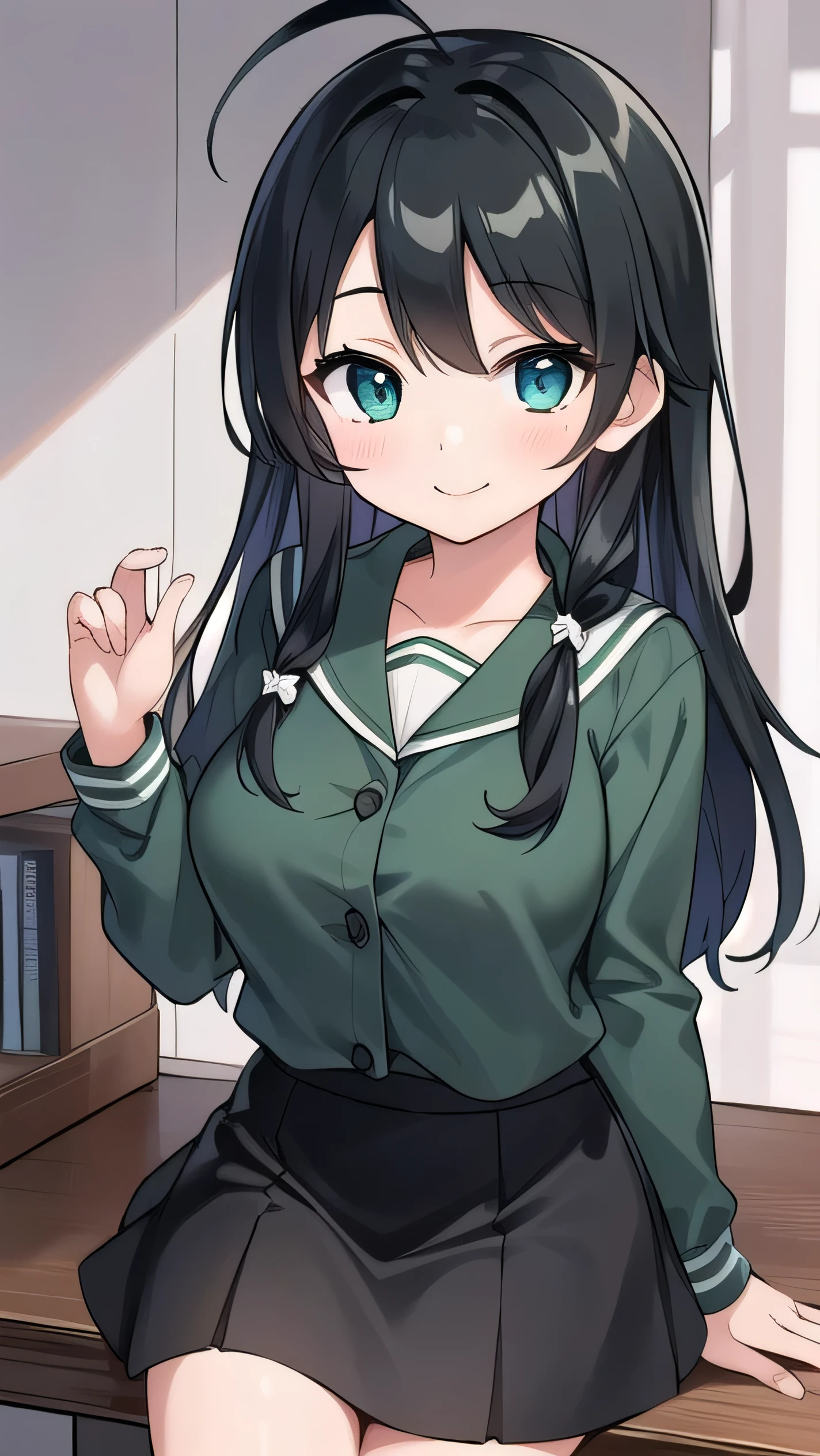 Junior high school student who looks like an elementary school student, , very short, 140 cm tall, black hair with a slight green tinge, short ahoge, beautiful long hair but with a little hair sticking out, beautiful round eyes, blue eyes, smile, boyish, long sleeves, Thick clothes, skirt, big breasts, hair longer than waist, long hair, childish face, gentle smile, a little shy, black skirt, black hair with a slight green tinge, boyish, gentle smile, jacket one size larger, ( Deep greenish black hair: 1.3)