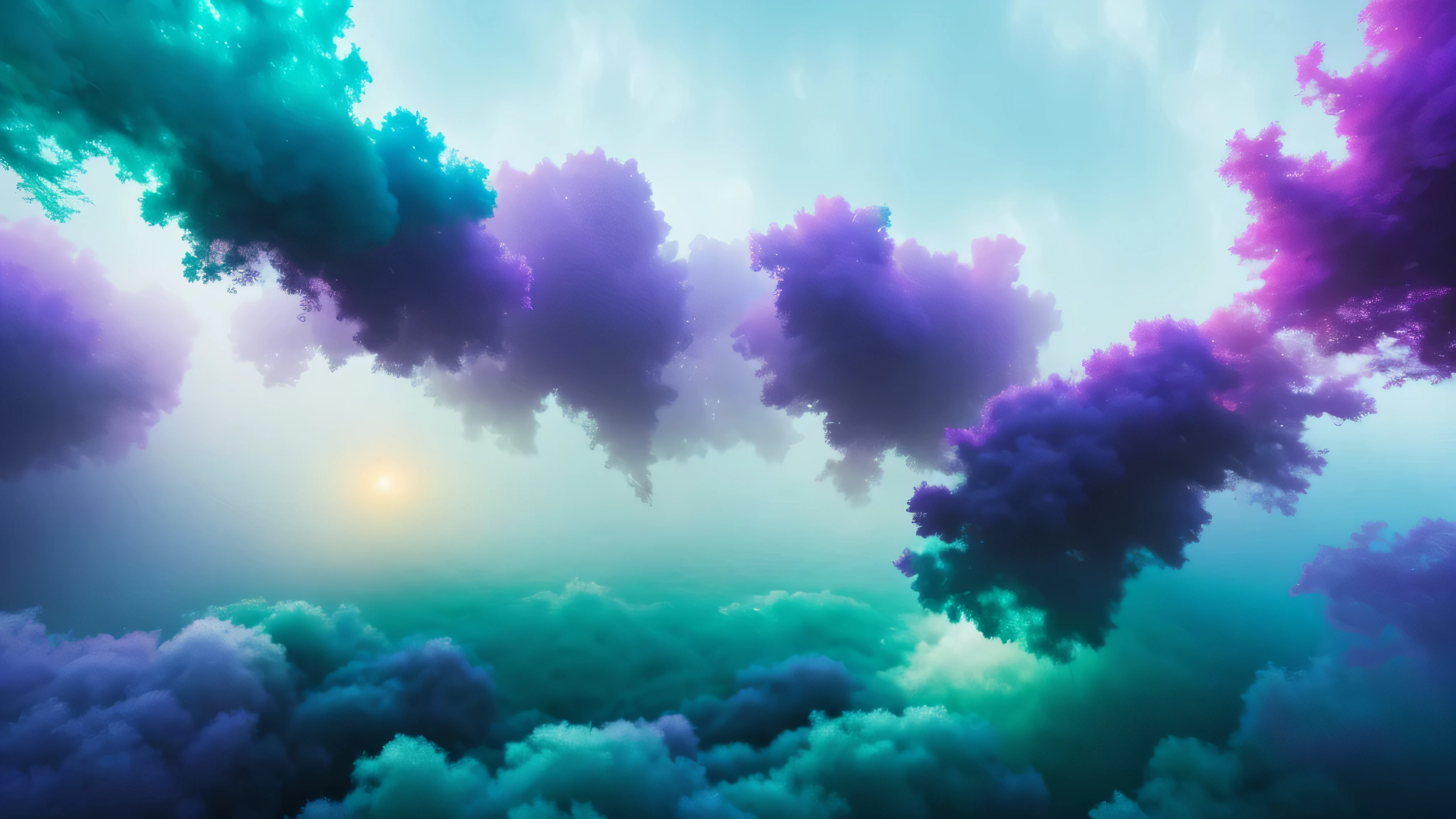 "High-quality, create an abstract digital artwork that illustrates the enchanting fusion of ethereal mist with a vibrant explosion of colorful particles. Start with smooth, flowing mist in shades of soft greens, blues, and golds, blending seamlessly into a burst of dynamic particles in fiery oranges, electric blues, and deep purples. The mist should have a translucent, almost smoky quality, while the particles vary in size and intensity, creating an impression of movement and energy as they disperse through the mist,. Set against a dark or deep navy background, this contrast will allow the particles to shine brightly, accentuating their vibrant colors and the glow of the mist. Use gradients and soft lighting to create depth, highlighting the interplay between light and shadow as the particles and mist interact. The composition should feel like a delicate balance between chaos and harmony, evoking a sense of wonder, mystery, and exploration. Aim for a captivating, surreal scene where the mist and particles come together in a dance of colors, creating a dreamlike atmosphere that draws the viewer into a world of abstract beauty and imagination."