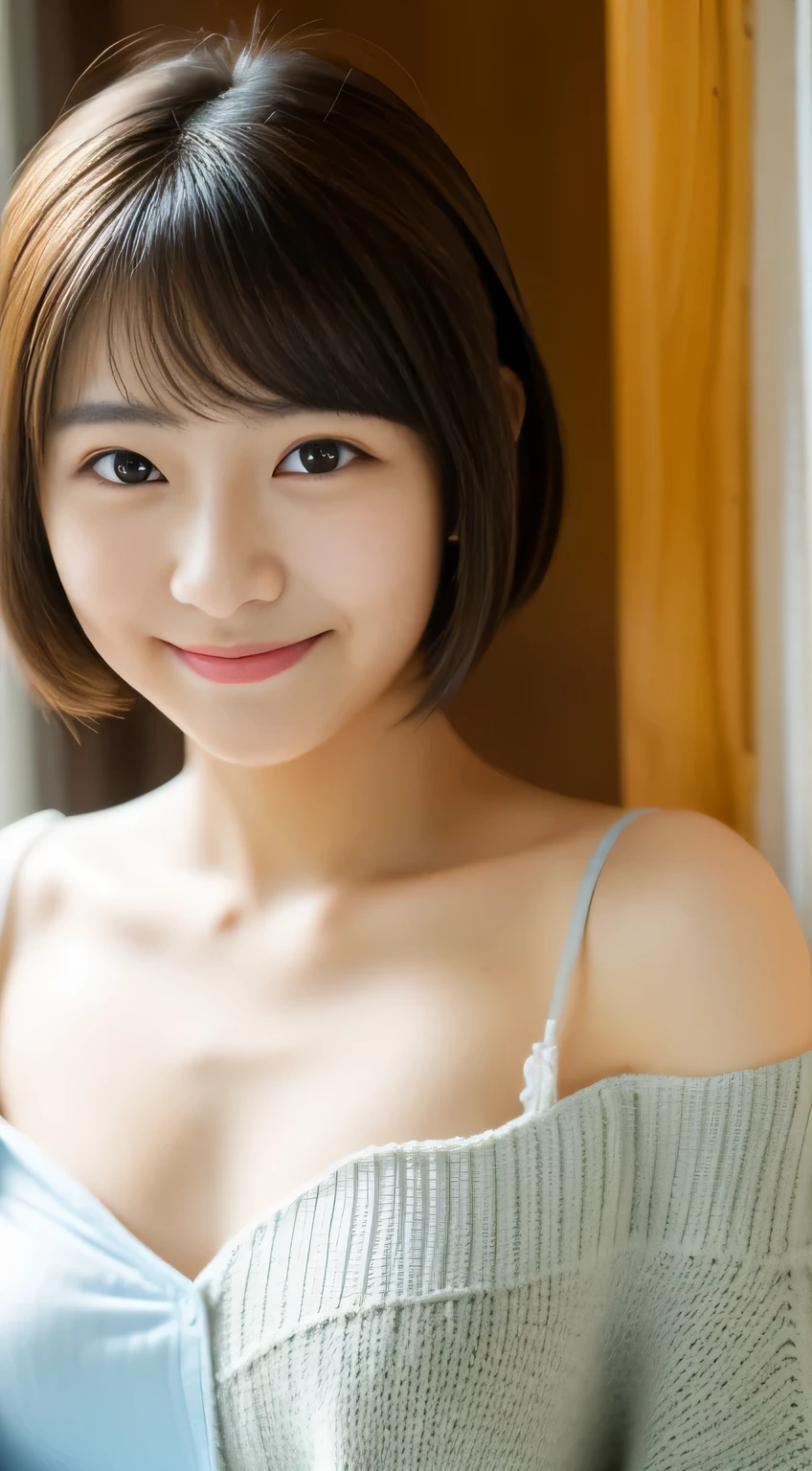 masterpiece,best quality,(Japanese girl),((Beautiful girl)),cleavage,(off shoulder:1.2),(perfect body beauty:1.2),(shy smile),from above