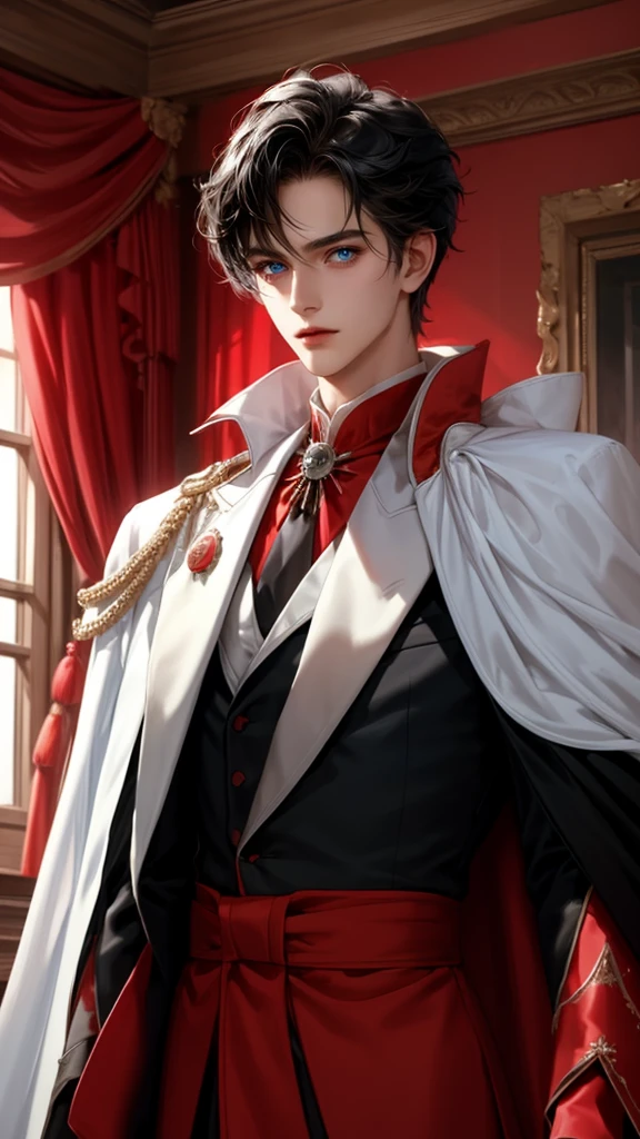 masterpiece, 最high quality, high quality, 1 boy, alone, Male focus, Watching the audience, Messy black hair, Adorable big blue eyes, White, Noble, Noble,A sexy, voluminous, puffy cape、tuxedo、A very voluminous, large, very large, very large, long, long red and black cape with a high stand-up collar, made of a lot of fabric that reaches down to the floor., 17 years old,Cute beautiful boys,Cute, cute, kind, handsome guy