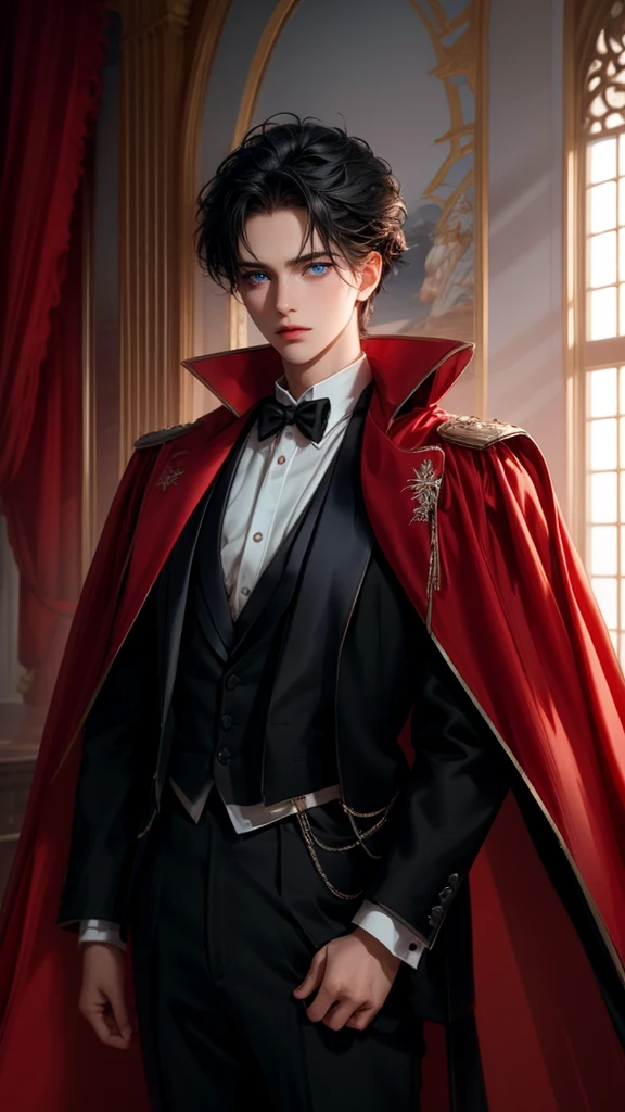 masterpiece, 最high quality, high quality, 1 boy, alone, Male focus, Watching the audience, Messy black hair, Adorable big blue eyes, White, Noble, Noble,A sexy, voluminous, puffy cape、tuxedo、A very voluminous, large, very large, very large, long, long red and black cape with a high stand-up collar, made of a lot of fabric that reaches down to the floor., 17 years old,Cute beautiful boys,Cute, cute, kind, handsome guy
