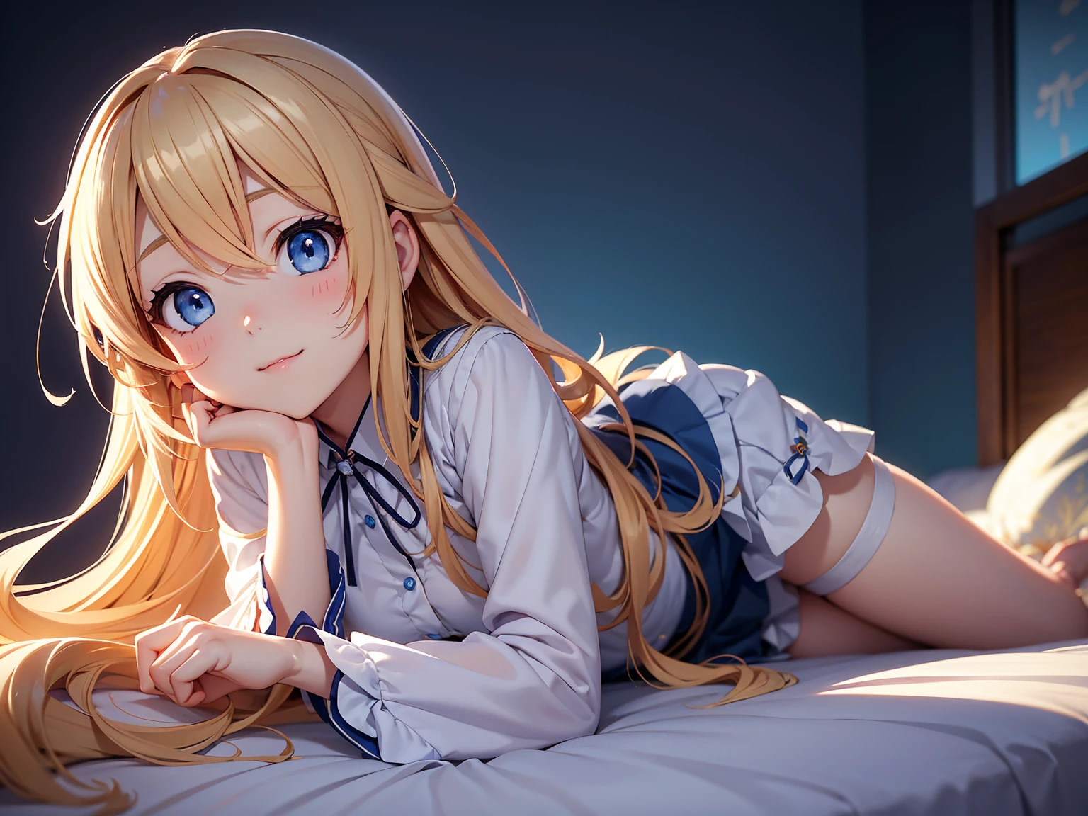 a very beautiful anime cute girl, full body, long wavy blond hair, sky blue eyes, full round face, short smile, fancy top, miniskirt, front view, medium shot, mid-shot, laying in bed, highly detailed, cinematic wallpaper by Stanley Artgerm Lau