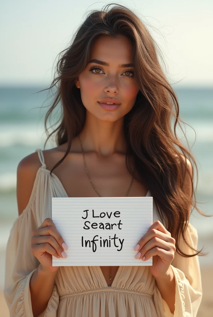 Beautiful girl with wavy long hair, bohemian dress, holding a white board with text "I Love Seaart Infinity" and showing it to the viewer