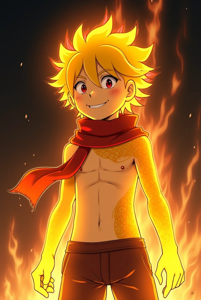 Fire Warrior, , male, Completely luminous golden eyes, spirit, soul, Transparent skin, body of fire, glowing skin, anime, golden pointed red fire hair, shy smile, shirtless, sitting on a rock, black atmosphere, fiery aura, fantasy anime style. 