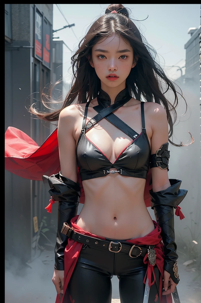 (RAW photo, 32K, realistic, exquisitely detailed skin), masterpiece, best quality, official art, unity 32K wallpaper, ultra detailed,(dark scene,low key,soft lighting), cinematic look,high saturation,best anatomy,volumetric Fog,
a samurai girl, slim body, full body,
1girl,weapon,sword,long hair,pink black hair,holding,独奏,holding weapon,(((Flat Chest))),A beautiful girl,blood,holding sword,arm guards,simple background,blood on weapon,looking at viewer,black eyes,or,floating hair,