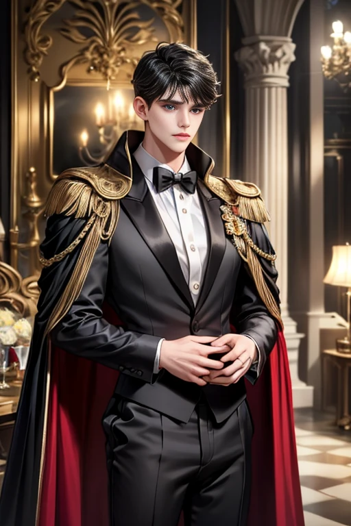 masterpiece, 最high quality, high quality, 1 boy, alone, Male focus, Watching the audience, Messy black hair, Adorable big blue eyes, White, Noble, Noble,A sexy, voluminous, puffy cape、tuxedo、A very voluminous, large, very large, very large, long, long red and black cape with a high stand-up collar, made of a lot of fabric that reaches down to the floor., 17 years old,Cute beautiful boys,Cute, cute, kind, handsome guy