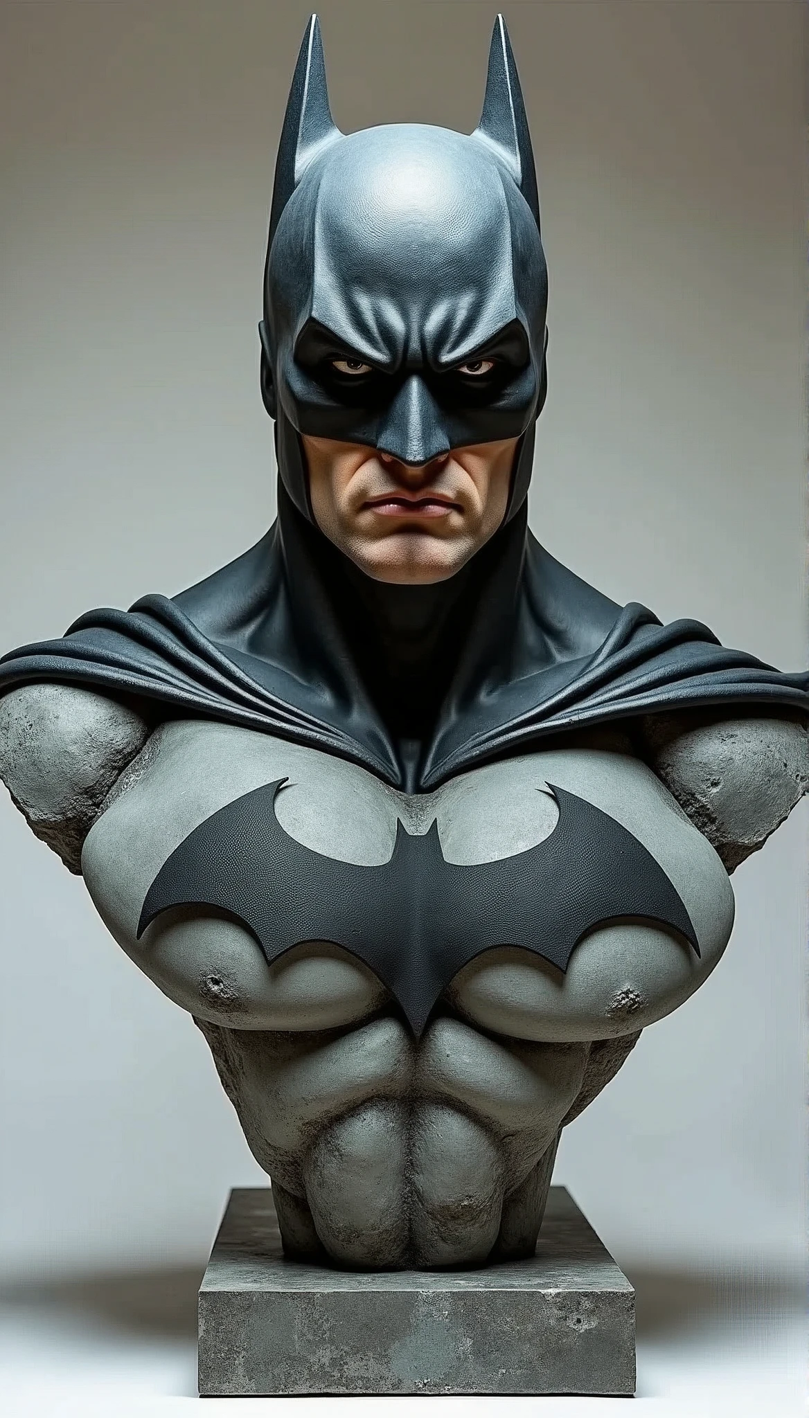 [Core Concept] A stone bust sculpture depicting the iconic superhero, Batman. [Character Description] The sculpture portrays a stoic and brooding Batman, his cowl casting dramatic shadows over his chiseled features. The expression is one of intense focus and determination, conveying the character's unwavering resolve to protect the city. [Environment/Background] The bust emerges from a plain, unadorned stone backdrop, allowing the powerful visage of the Dark Knight to take center stage. [Style and Atmosphere] The sculpture has a rugged, weathered aesthetic, with the rough-hewn stone surface accentuating the gritty and imposing nature of the character. The overall atmosphere is one of strength, resilience, and a sense of dark heroism. [Composition] The sculpture is designed with a strong, angular composition, mirroring the angular lines and sharp edges of Batman's iconic costume. The bust is positioned in a commanding, forward-facing stance, commanding the viewer's attention. [Details and Embellishments] Intricate details are carved into the stone, capturing the subtle textures and contours of Batman's cowl, the defined musculature of his jawline, and the intense gaze of his eyes. These meticulous details add depth and realism to the sculpture. [Technical Specifications] The stone bust sculpture is a large-scale, finely crafted work of art, showcasing the skilled craftsmanship of the sculptor. The use of durable stone material ensures the longevity and permanence of this powerful representation of the Batman character.