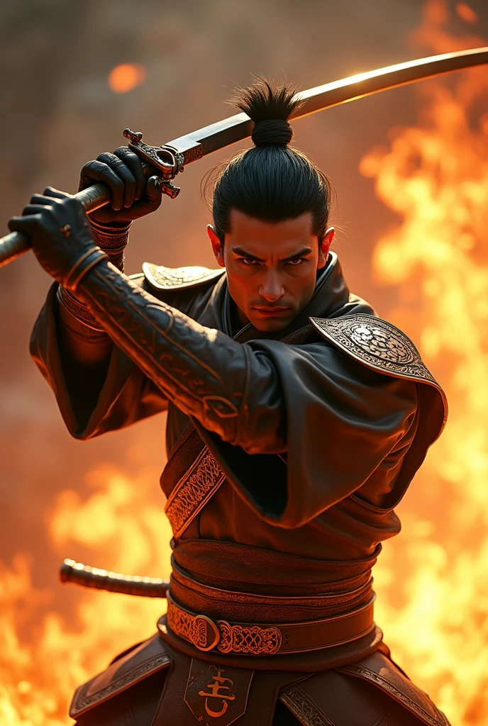 Ninja in bronze outfit, showing face in fire sword photo 