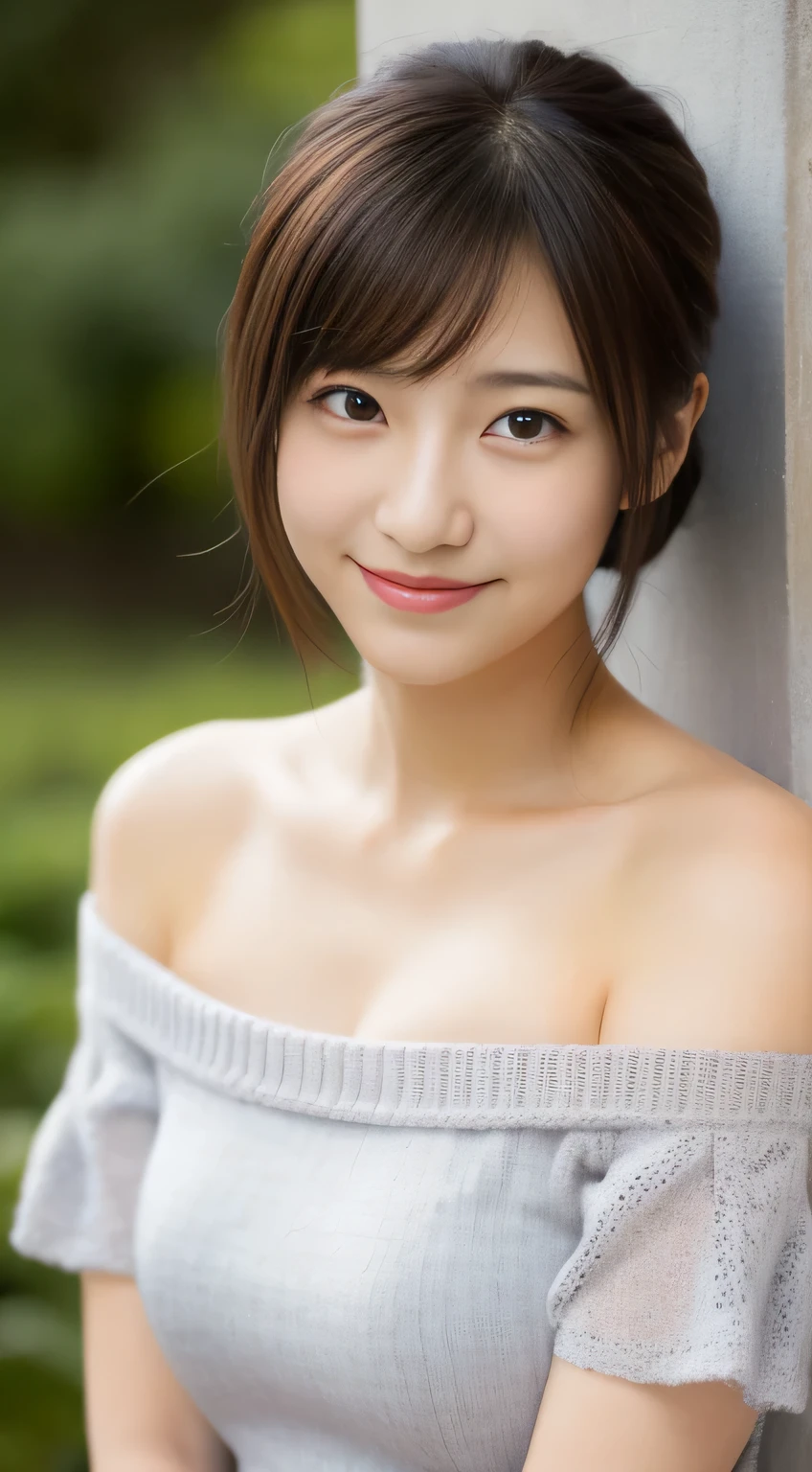 masterpiece,best quality,(Japanese girl),((Beautiful girl)),cleavage,(off shoulder:1.2),(perfect body beauty:1.2),(shy smile),from above
