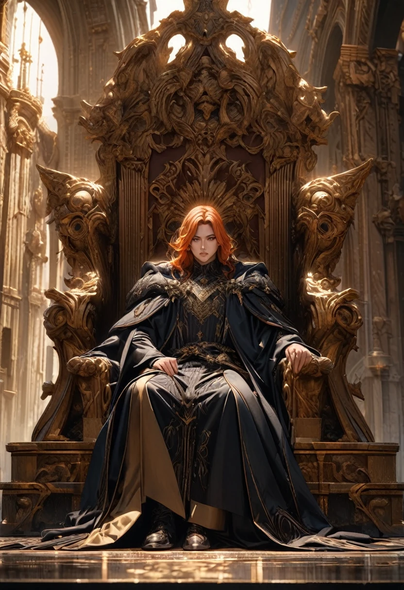 [Core Concept]
An authoritative and enigmatic figure with striking features sits upon an ornate throne.

[Character Description]
A man with vibrant orange hair that falls to his shoulders, his piercing red eyes command attention. His regal bearing and confident posture suggest a position of power and influence.

[Environment/Background]
The man is seated upon an elaborate, ornately-carved throne, its grandeur and ornate details hinting at the opulence and splendor of his domain.

[Style and Atmosphere]
The scene has an air of mystery and mysticism, with the man's intense gaze and the throne's imposing presence creating a sense of intrigue and intrigue.

[Composition]
The man is centered within the frame, the throne providing a strong, elevated platform that emphasizes his elevated status and authority.

[Details and Embellishments]
Intricate patterns, arcane symbols, and subtle highlights on the throne's surface add depth and visual interest, hinting at the man's esoteric knowledge and hidden powers.

[Technical Specifications]
The image should be rendered in a highly detailed, photorealistic style, with a focus on capturing the textures, lighting, and subtle nuances that convey the weight and presence of the scene.
