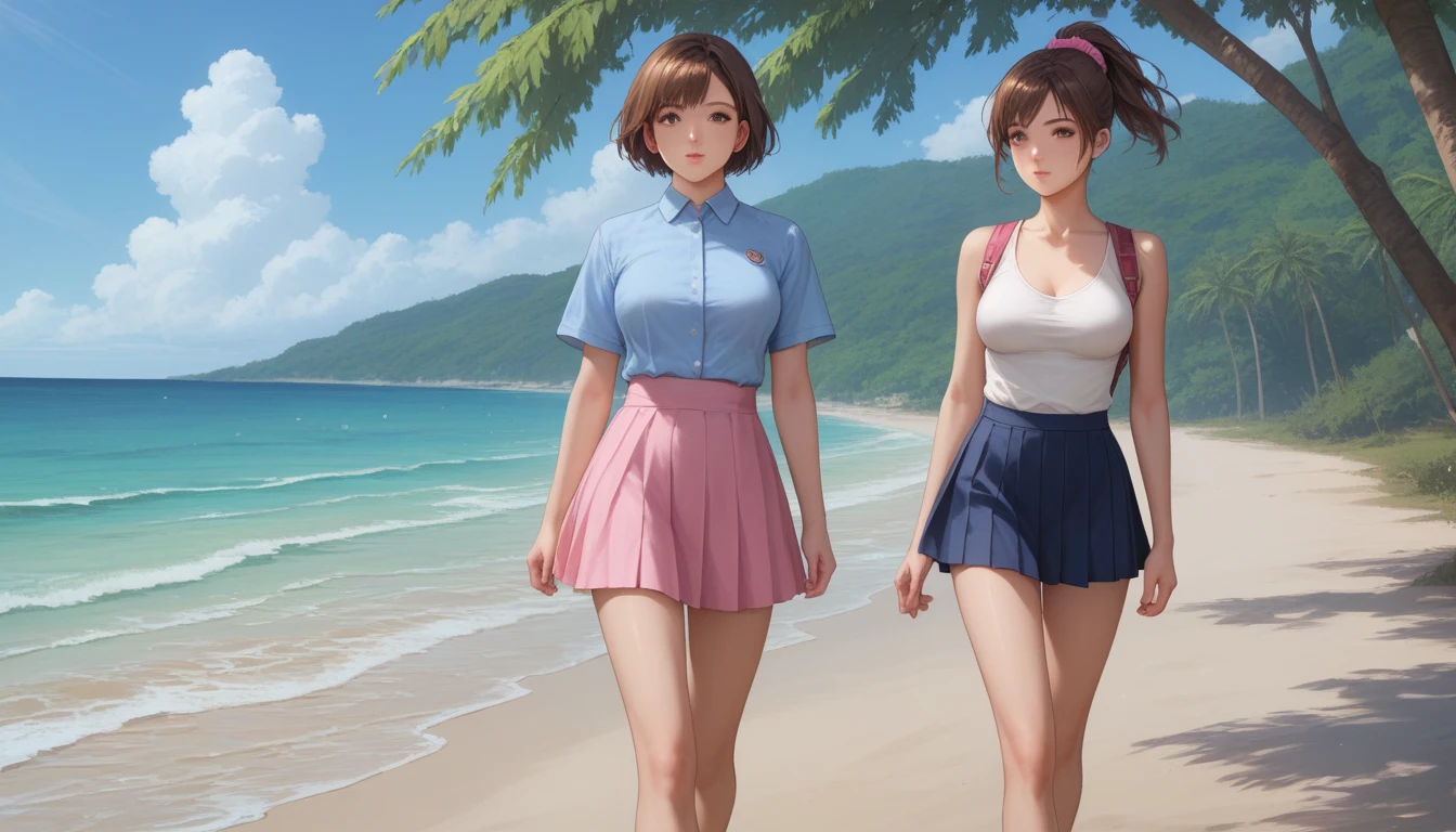 score_9, score_8_up, score_7_up, source_anime, masterpiece, best quality, very aesthetic, uncensored, 1 girl, cute face, beautiful detailed eyes, detailed lips, shirt, skirt, round breasts, medium breasts, voluminous ponytail short hair, pink scrunchie hair, brown hair, slender legs, walking, resort, beach, tree