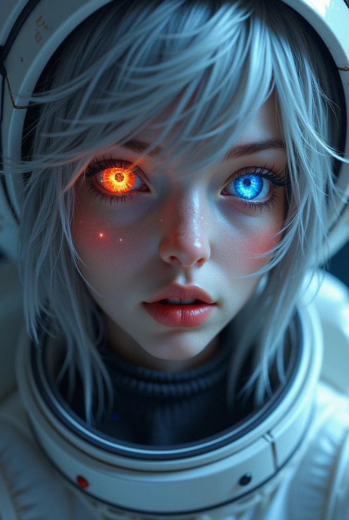 (Close-up of a better masterpiece:1.5)0.9], (Space and astronauts:1.2) (Messy silver hair:1.1) (Heterochromia xanthochromia and blue eyes:1.2) (Space Helmet:1.0) (Colored stars in the eyes:1.0) (A radiant glow:1.1) (thick lips:0.9) big waist, big boobs