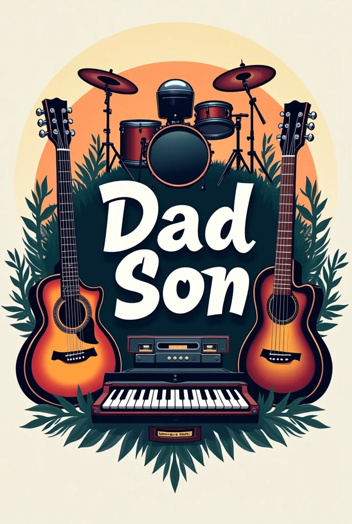 Logo written Dad'Son with symbol of guitar bass drums acoustic guitar microphone and keyboard