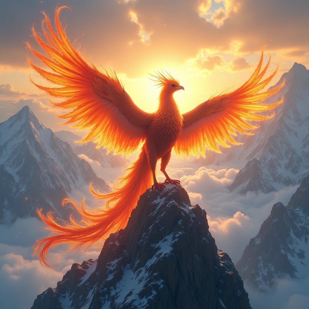 A phoenix rising to great the dawn on a high mountain peak 