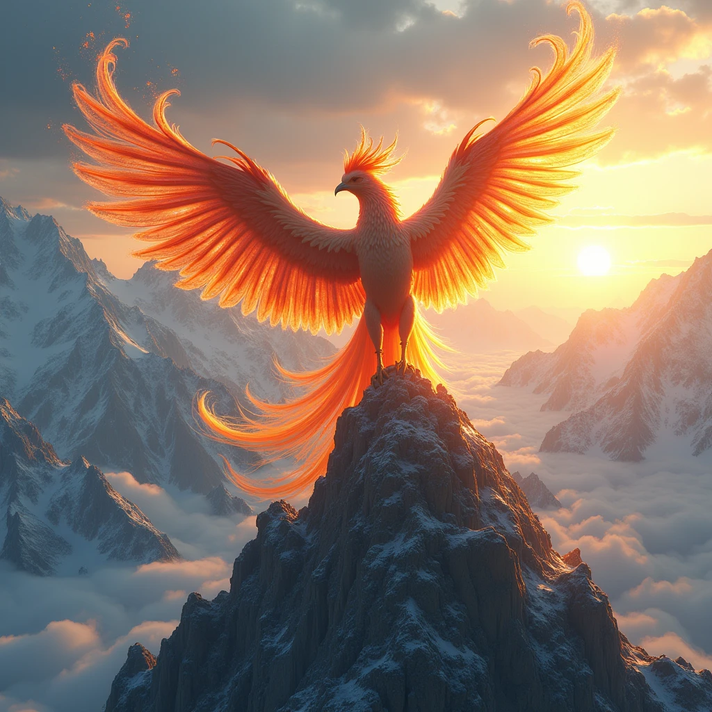 A phoenix rising to great the dawn on a high mountain peak 