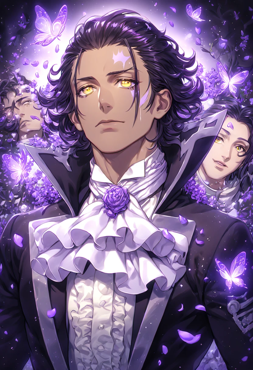 Ultra detailed, HDR, Highres, absurdres, master piece, Tyki Mikk, black hair, hair slicked back, ruffled wavy hair, short hair, expressive yellow eyes, dark gray skin, black coat, white shirt, white cravat, white gloves, D.Gray-man, sexy man, handsome, purple flowers, petals, fantasy, magical, purple leaves, handsome, best quality, glittering, sensual, horny, water, purple shining fireflies, solo, small purple butterflies, purple flames, manly man, noah