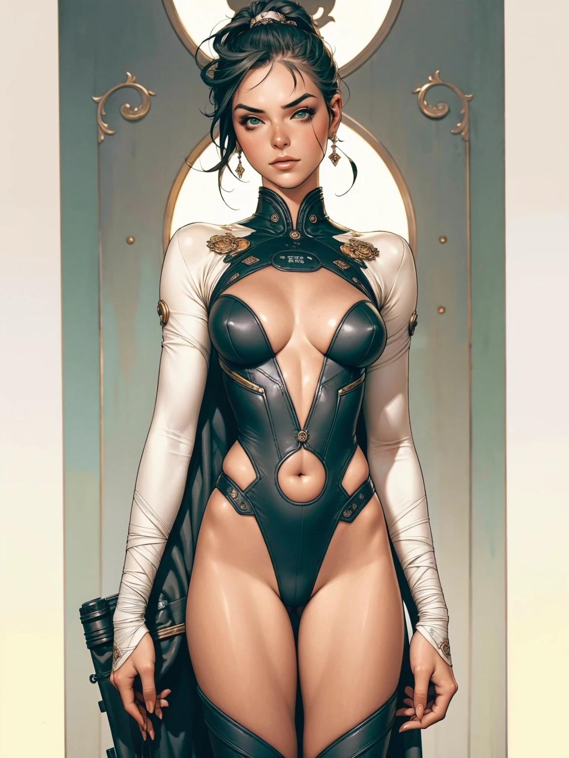 (((Annie Lennox))), ((( transparent suit ))), (((Bandaged body))), ((high collar)), (((dark bluish green))), (((best qualityer: 1.4))), (Unbeatable masterpiece), (hiper HD),(CG 8k hyper-realistic), (((brave face))), (((breasts big))), (((hyper feminine))), sexly girl, Tron,(black bob hair)), ((( sculptural body ))), (((1 Kizi))), Kizi cibernética de 25 anos com perfectbody,,Beautiful and well-groomed face,muscular body:1.2,solid color detailed jacket, (Head to thigh photos), Complex equipment, green dark,Long pants,Tight clothes are dark,With white stars and off-white stripes,,,,,Armor Metal Electronic Parts, Poison tattoos ) INFO, Kizi, (((standing alone))), pirralha violent, ((())), sexly, pose de atitude, work of art, post-apocalypse, (((manga style))), bounty hunter, violent, Manic, the way you want, slenderbody, thin but strong, perfectbody, roupa moderna, advanced technology, neon, sleeves with vertical striped pattern, neutral background, (( cowboy shot )). intricate visual