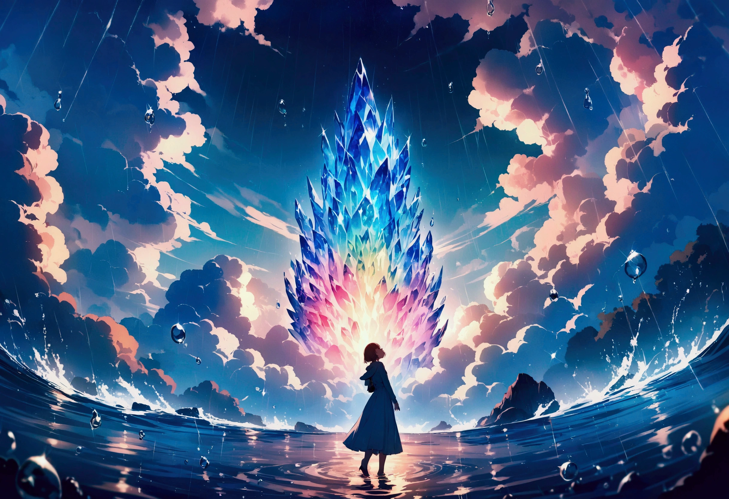 short hair,Beautiful sky, rain,(Crystal clear rain sparkles in the sky,Water Drop), masterpiece,High resolution