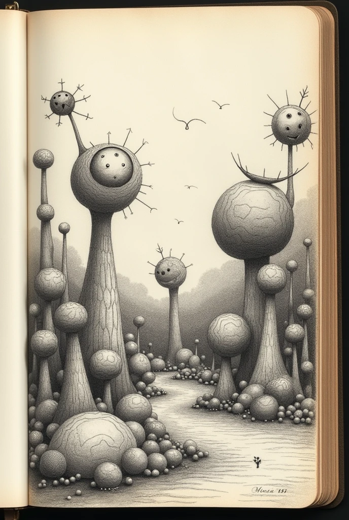 I want you to make a drawing similar to Tarsila do Amaral's drawings, but on paper in a notebook, in pencil, I want another landscape that is done on paper in pencil.